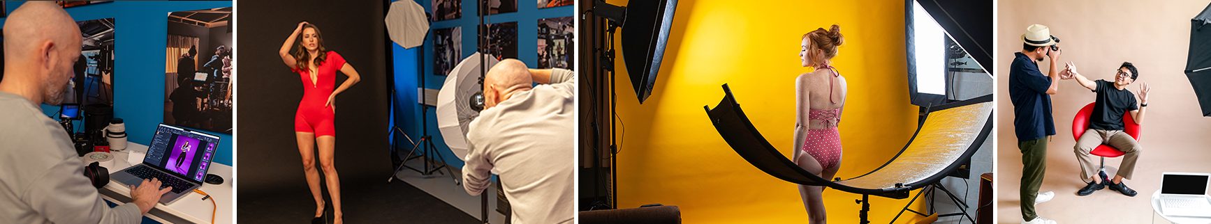 Fotoproduktionen im MAINSTUDIO: Tethering am Laptop, Fashion-Shooting, Beauty-Aufnahme vor farbigem Hintergrund und Portrait-Shooting