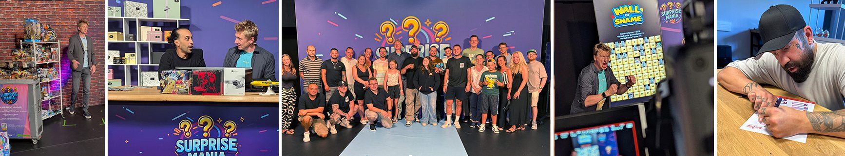 Surprise Mania im MAINSTUDIO: Moderator mit Gewinnen, Aufzeichnung am Tisch, Team-Foto vor der Bühne, Wall-of-Shame-Spielwand und Losziehung