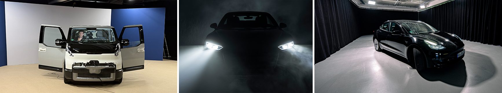 Produkttests im MAINSTUDIO: Fahrzeugpräsentation vor blauem Hintergrund, Auto im Nebel-Setup und Fahrzeug in abgedunkelter Studiofläche